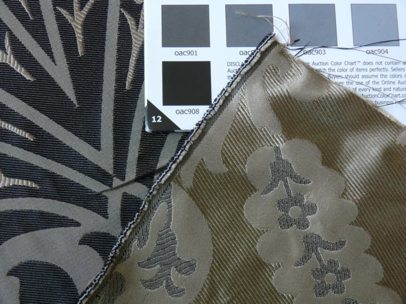 P1120896 100%silk Lampas Tulip Fan Damask 536 "smoke" Black Charcoal Silver Gold Bty MSRP USD296/y!