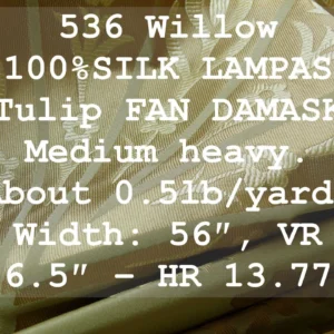 by yard 100%silk Lampas Tulip Fan Damask 536 "willow" Pale Green Silver Gold Bty MSRP USD296/y!