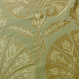 by yard 100%silk Lampas Tulip Fan Damask 536 "willow" Pale Green Silver Gold Bty MSRP USD296/y!