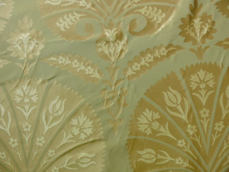 by yard 100%silk Lampas Tulip Fan Damask 536 "willow" Pale Green Silver Gold Bty MSRP USD296/y!
