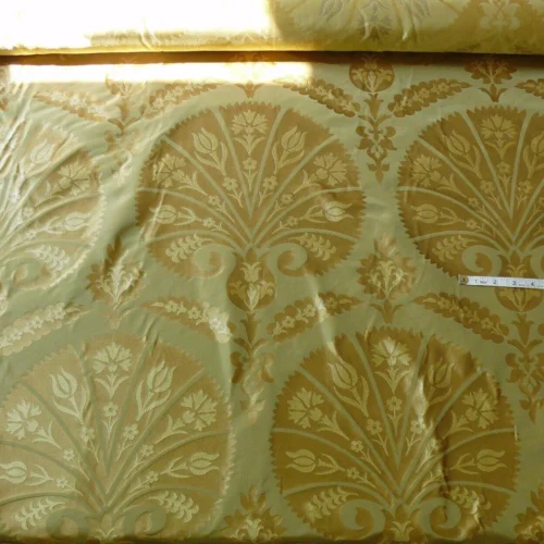 P1120904 by yard 100%silk Lampas Tulip Fan Damask 536 "willow" Pale Green Silver Gold Bty MSRP USD296/y!
