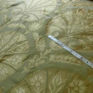 by yard 100%silk Lampas Tulip Fan Damask 536 "willow" Pale Green Silver Gold Bty MSRP USD296/y!