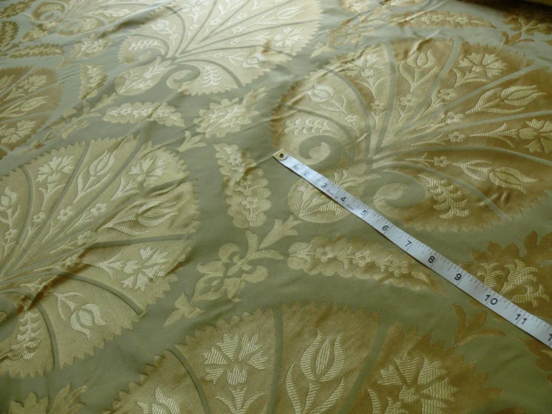 by yard 100%silk Lampas Tulip Fan Damask 536 "willow" Pale Green Silver Gold Bty MSRP USD296/y!