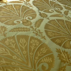 by yard 100%silk Lampas Tulip Fan Damask 536 "willow" Pale Green Silver Gold Bty MSRP USD296/y!