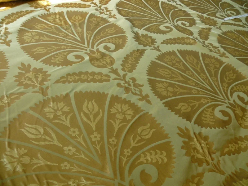 by yard 100%silk Lampas Tulip Fan Damask 536 "willow" Pale Green Silver Gold Bty MSRP USD296/y!