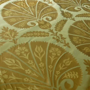 by yard 100%silk Lampas Tulip Fan Damask 536 "willow" Pale Green Silver Gold Bty MSRP USD296/y!
