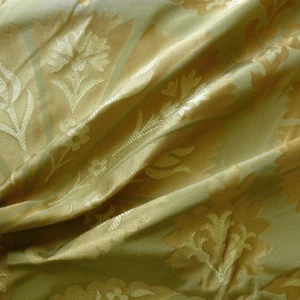 by yard 100%silk Lampas Tulip Fan Damask 536 "willow" Pale Green Silver Gold Bty MSRP USD296/y!