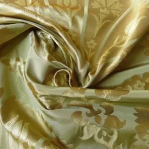 by yard 100%silk Lampas Tulip Fan Damask 536 "willow" Pale Green Silver Gold Bty MSRP USD296/y!