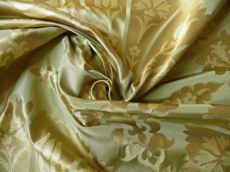 by yard 100%silk Lampas Tulip Fan Damask 536 "willow" Pale Green Silver Gold Bty MSRP USD296/y!