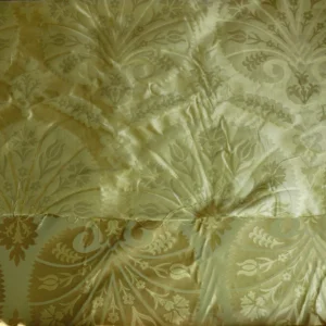by yard 100%silk Lampas Tulip Fan Damask 536 "willow" Pale Green Silver Gold Bty MSRP USD296/y!