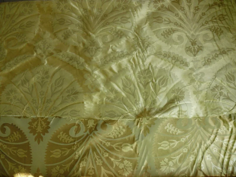 by yard 100%silk Lampas Tulip Fan Damask 536 "willow" Pale Green Silver Gold Bty MSRP USD296/y!