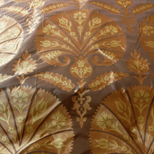 P1120914 100% Silk Lampas Tulip Faf Damask 536 "sumatra" Brown Charcoal Silver Gold Bty MSRP USD296/y!