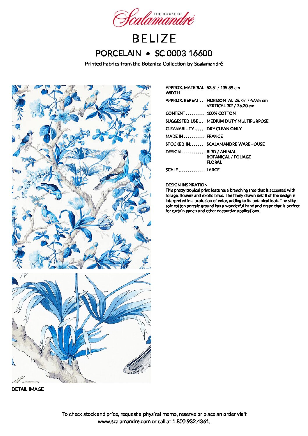 SC_000316600 1 Ev17 Scalamandre Sample Berlize Blue Bird Cotton Print  Tropical Tree Flora And Birds 1.4 Yards MSRP USD 454/Y