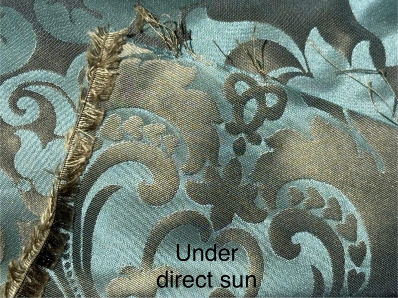 100% Silk Damask Aqua Blue Celadon & Taupe Renaissance Dye Stained