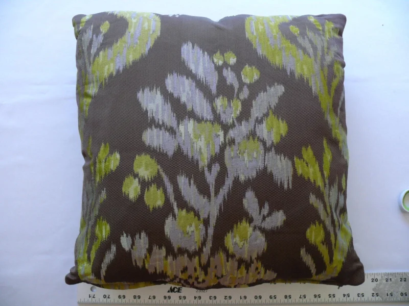 P1580569 OLD WORLD WEAVER VISBY 100%SILK LAMPAS BROWN & LIME GREEN PILLOW 18X18" #1506