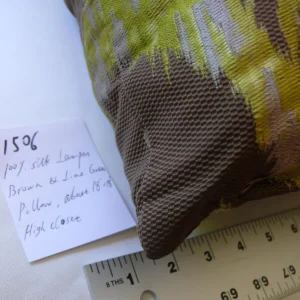 P1580570 OLD WORLD WEAVER VISBY 100%SILK LAMPAS BROWN & LIME GREEN PILLOW 18X18" #1506