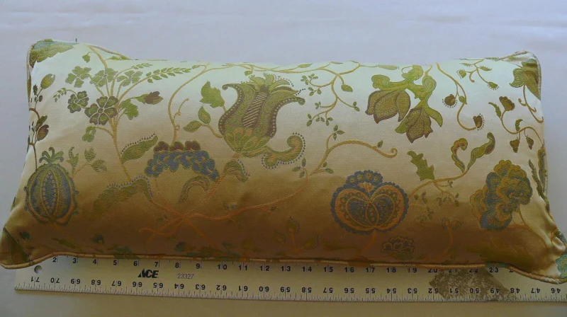 P1580577 100% SILK LAMPAS GREEN & BLUE ON CREAM POM FLOWERS PILLOW 25X11" #1508