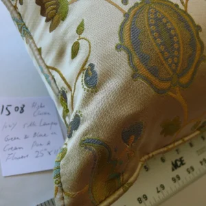 P1580578 100% SILK LAMPAS GREEN & BLUE ON CREAM POM FLOWERS PILLOW 25X11" #1508