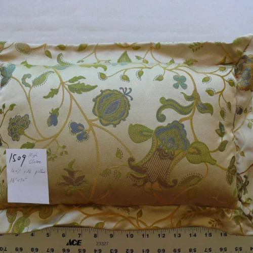 P1580580 100% SILK LAMPAS PILLOW BLUE TURQUOISE MYTHICAL FLORA 16X10" #1509