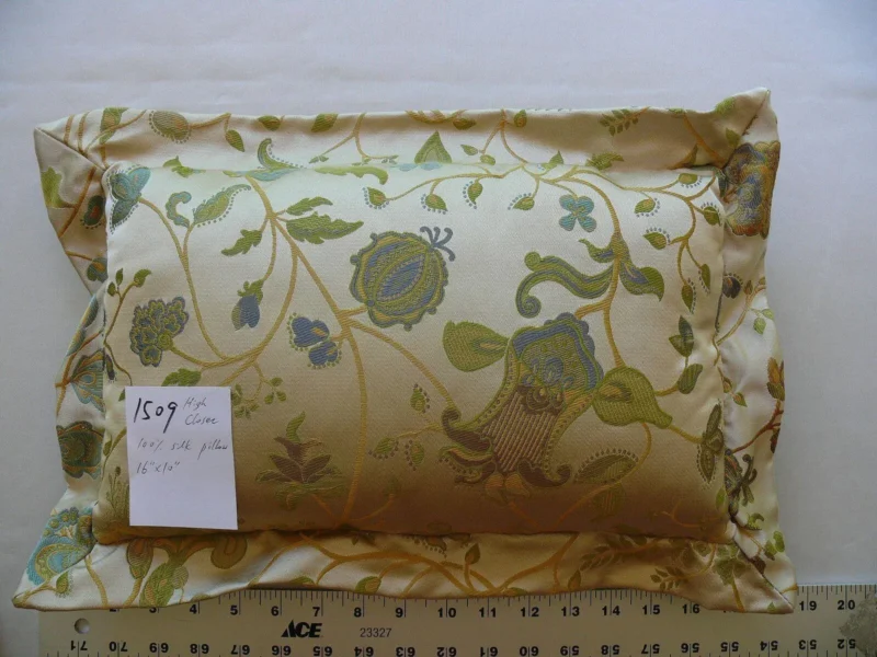 P1580580 100% SILK LAMPAS PILLOW BLUE TURQUOISE MYTHICAL FLORA 16X10" #1509