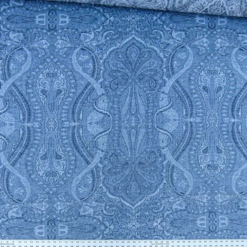 P1110139.jpg Scalamandre Inverness Paisley Chambray Jacquard  Soft Wool Paisley Cotton Blue White MSRP USD 210