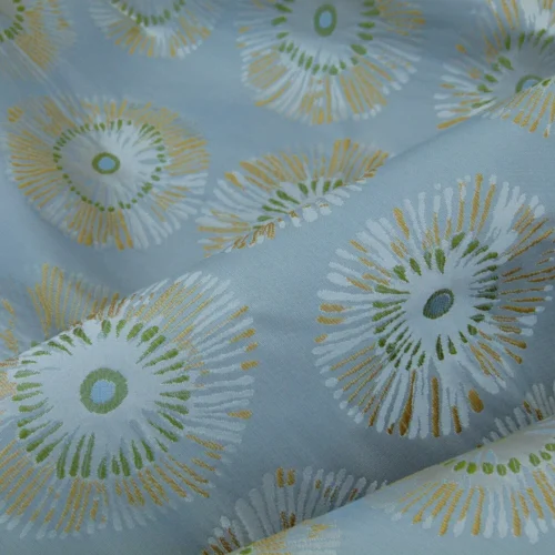 P1110629 3.75 Yards Zoo Lime Green Daisy Flower On Grey Pale Blue 100% Silk