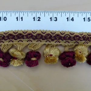 P1110659 By Yard Italian Tassel Pompom Trim Burgundy Red & Antique Gold 100% Viscose MSRP USD 68/yard
