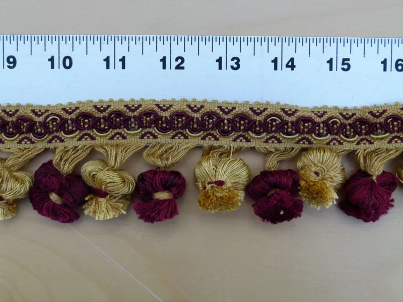P1110659 By Yard Italian Tassel Pompom Trim Burgundy Red & Antique Gold 100% Viscose MSRP USD 68/yard