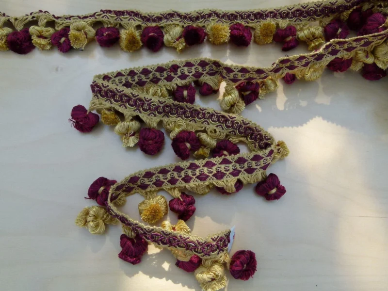 P1110660 By Yard Italian Tassel Pompom Trim Burgundy Red & Antique Gold 100% Viscose MSRP USD 68/yard