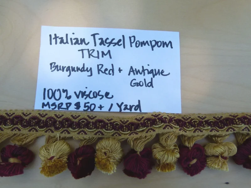 P1110661 By Yard Italian Tassel Pompom Trim Burgundy Red & Antique Gold 100% Viscose MSRP USD 68/yard