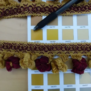 P1110662 By Yard Italian Tassel Pompom Trim Burgundy Red & Antique Gold 100% Viscose MSRP USD 68/yard
