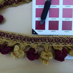 P1110663 By Yard Italian Tassel Pompom Trim Burgundy Red & Antique Gold 100% Viscose MSRP USD 68/yard