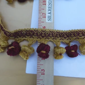 P1110664 By Yard Italian Tassel Pompom Trim Burgundy Red & Antique Gold 100% Viscose MSRP USD 68/yard