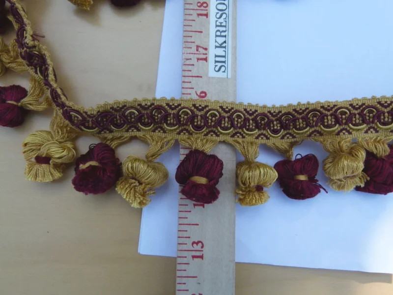 P1110664 By Yard Italian Tassel Pompom Trim Burgundy Red & Antique Gold 100% Viscose MSRP USD 68/yard