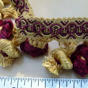 P1110665 By Yard Italian Tassel Pompom Trim Burgundy Red & Antique Gold 100% Viscose MSRP USD 68/yard