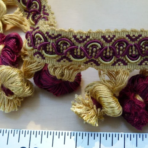 By Yard Italian Tassel Pompom Trim Burgundy Red & Antique Gold 100% Viscose MSRP USD 68/yard