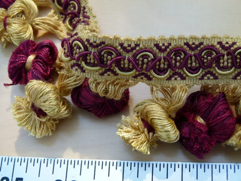 P1110665 By Yard Italian Tassel Pompom Trim Burgundy Red & Antique Gold 100% Viscose MSRP USD 68/yard