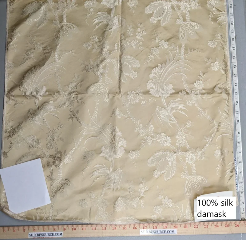 PXL_20230109_190258584 by yard 100% Silk Damask Lace Curvy Botanical Flower Vines Art Neuveu Flax Gold