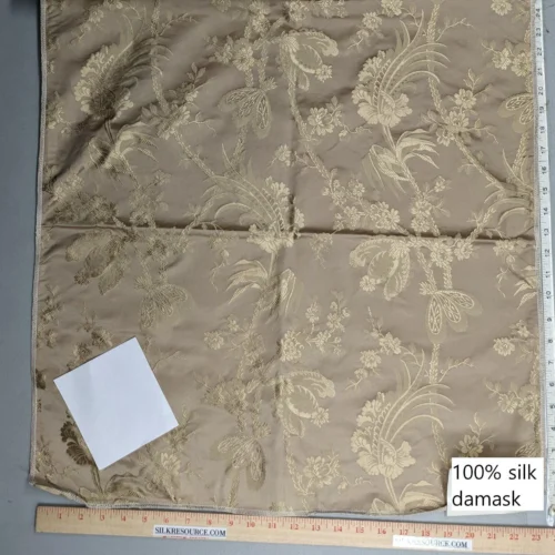 PXL_20230109_190935865 100% Silk Damask Lace Curvy Botanical Flower Vines Art Neuveu Wheat Beige Gold bty