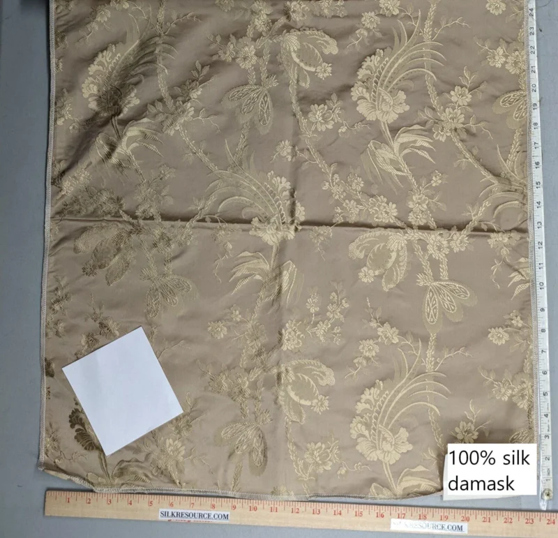 PXL_20230109_190935865 100% Silk Damask Lace Curvy Botanical Flower Vines Art Neuveu Wheat Beige Gold bty