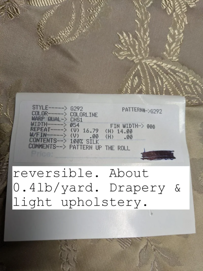 PXL_20230109_191010223.MP 100% Silk Damask Lace Curvy Botanical Flower Vines Art Neuveu Wheat Beige Gold bty