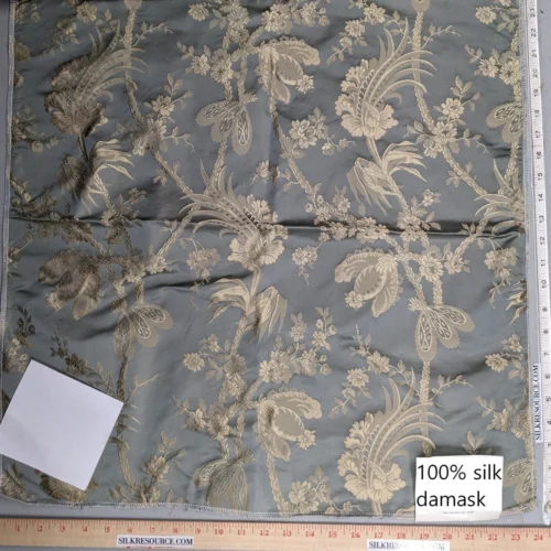 PXL_20230109_191130233 100% Silk Damask Lace Curvy Botanical Flower Vines Art Neuveu Dusk Gray Gold bty