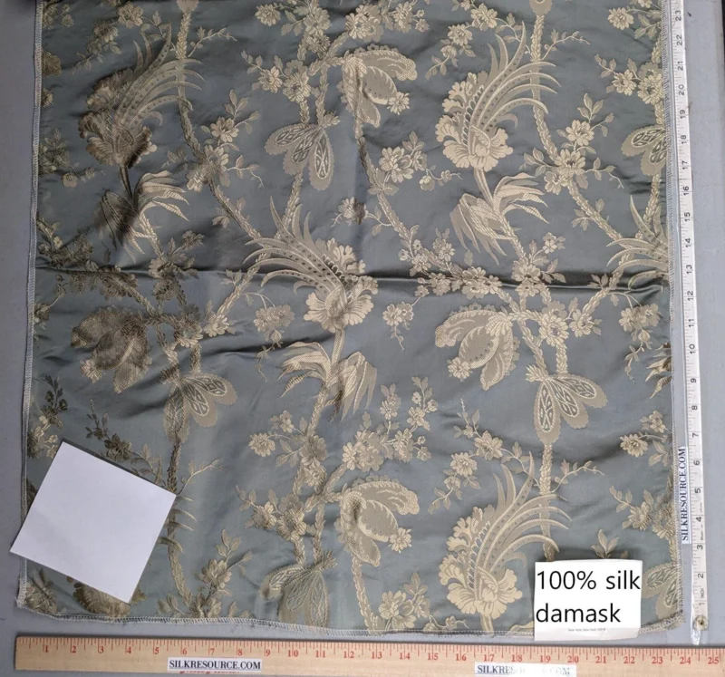 PXL_20230109_191130233 100% Silk Damask Lace Curvy Botanical Flower Vines Art Neuveu Dusk Gray Gold bty