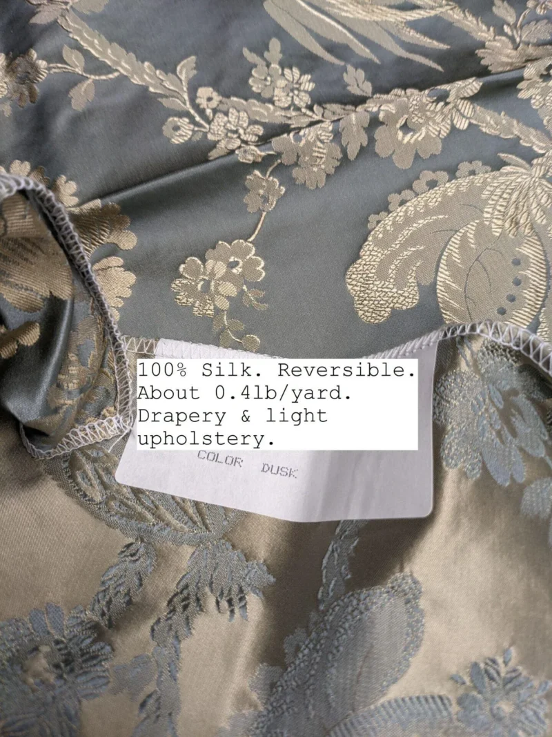 PXL_20230109_191154352 100% Silk Damask Lace Curvy Botanical Flower Vines Art Neuveu Dusk Gray Gold bty