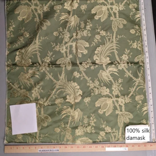 PXL_20230109_191259067 100% Silk Damask Lace Curvy Botanical Flower Vines Art Neuveu Thyme Green Gold bty