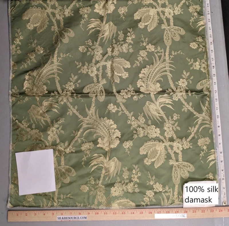 PXL_20230109_191259067 100% Silk Damask Lace Curvy Botanical Flower Vines Art Neuveu Thyme Green Gold bty