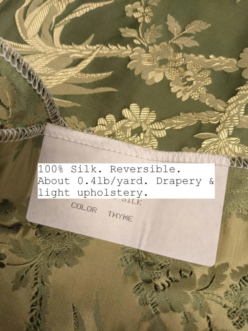 PXL_20230109_191333629 100% Silk Damask Lace Curvy Botanical Flower Vines Art Neuveu Thyme Green Gold bty