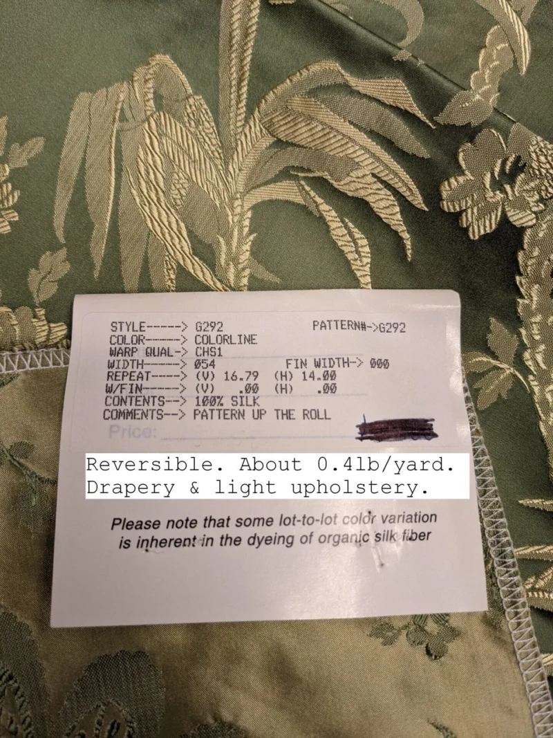 PXL_20230109_191339739 100% Silk Damask Lace Curvy Botanical Flower Vines Art Neuveu Thyme Green Gold bty