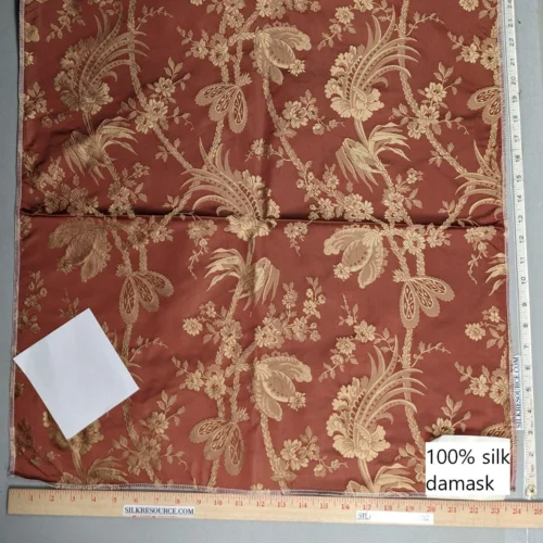 PXL_20230109_191515746 100% Silk Damask Lace Curvy Botanical Flower Vines Art Neuveu Cornsilk Red Gold bty