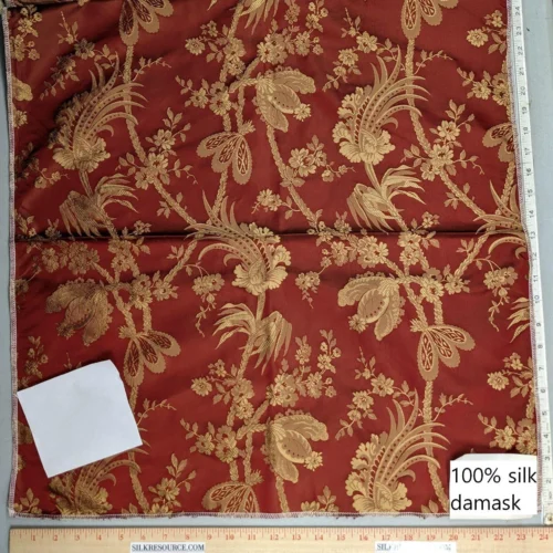 PXL_20230109_191641504 100% Silk Damask Lace Curvy Botanical Flower Vines Art Neuveu Ambrosia Red Gold bty